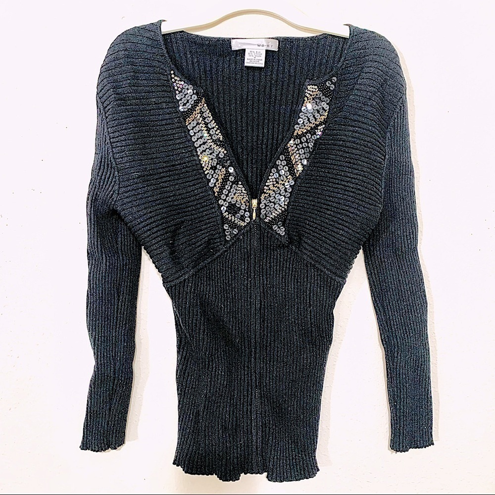 VINTAGE WD.NY Y2K Babydoll Silk sequin ribbed black sweater women’s size M